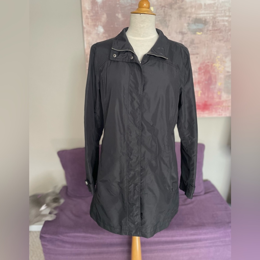 Eddie Bower Black Rain Coat Mid Length W/ Silver hardware Size L